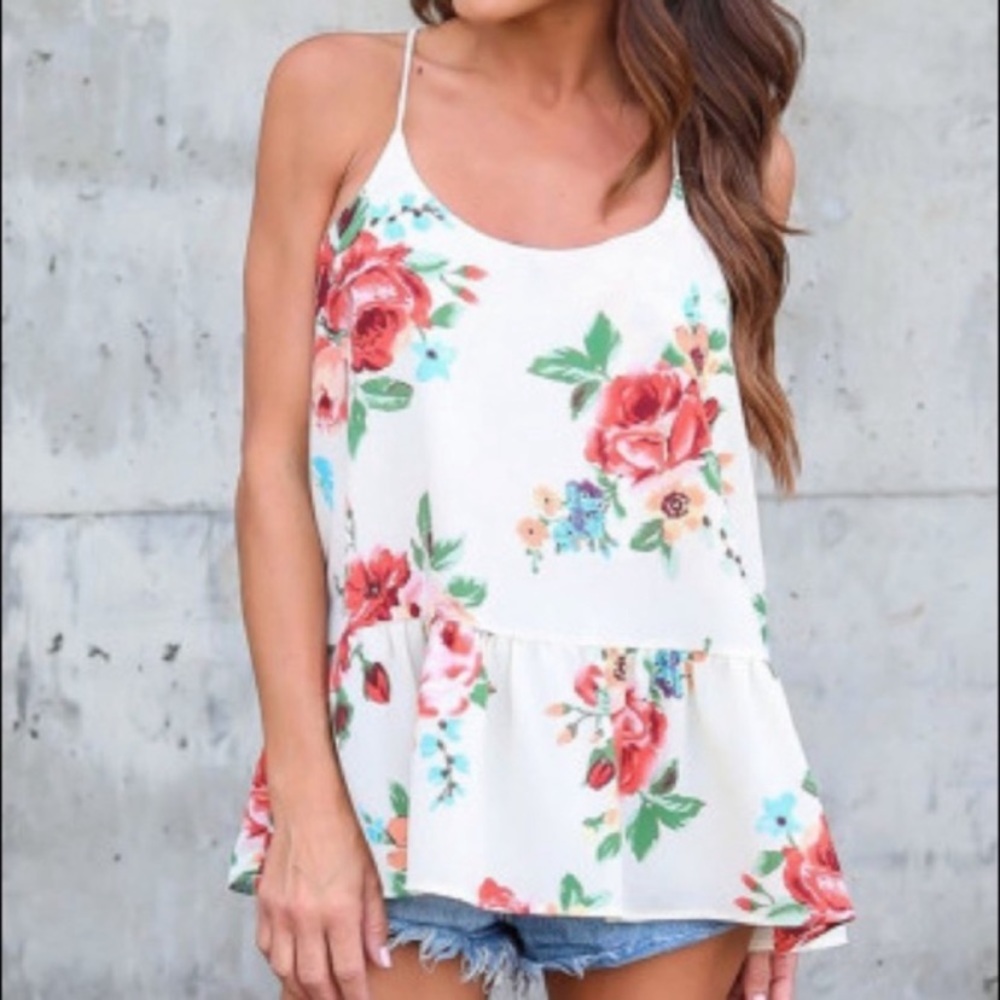 New Flounced White Floral Racerback Tank Top